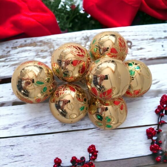 Commodore Christmas Classics Ornaments x 7 Glass Ball Hand Decorated Poinsettia. - Picture 16 of 16